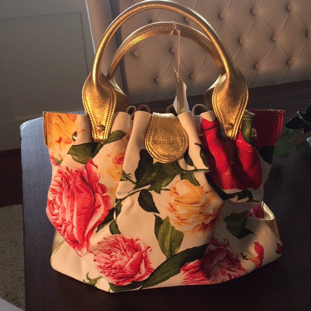 Roberto Cavalli floral gold lame purse new